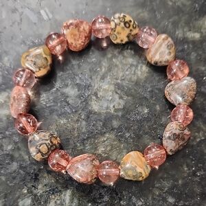 Handmade Pink and Brown Heart Leopard Jasper Bead Stretch Bracelet